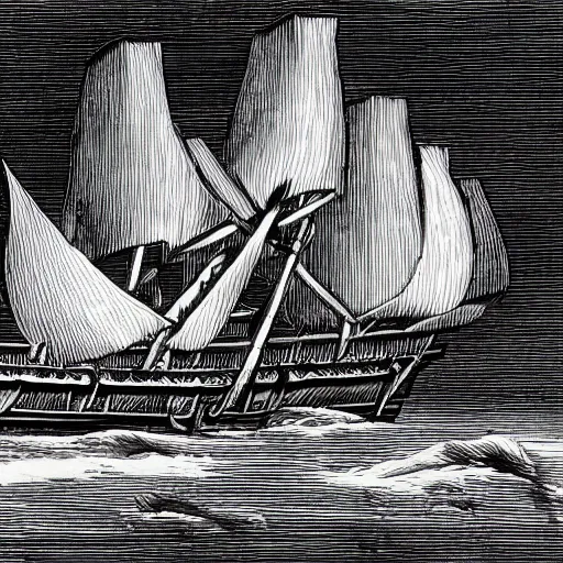Image similar to pirate ship modernized, black and white, 1500s