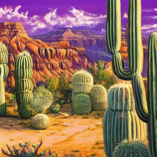 Image similar to desert city with treehouses in giant cactus overlooking the grand canyon with larged ringed plant rising in sky detailed magical realism sci fi painting