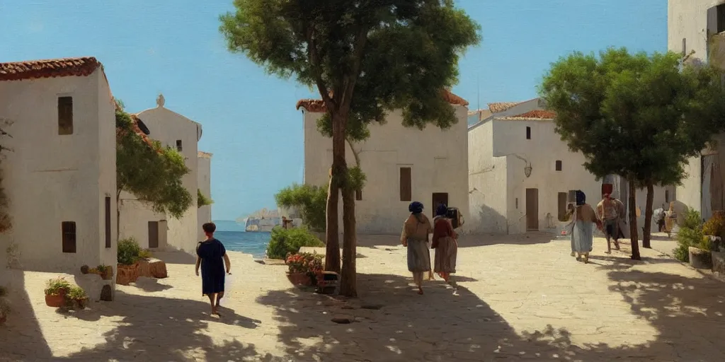 Image similar to a beautiful painting of a mediterranean fishing village in summer by peter ilsted, whitewashed housed, cypress trees, cyan shutters on windows, trending and featured on artstation and behance, people walking down a street