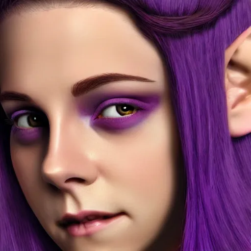 Prompt: Purple skinned Kristen Stewart as a smiling Elf wizard with ((white)) hair. smooth purple skin!, + purple skin Photorealistic digital art trending on artstation, artgem, 4k HD.