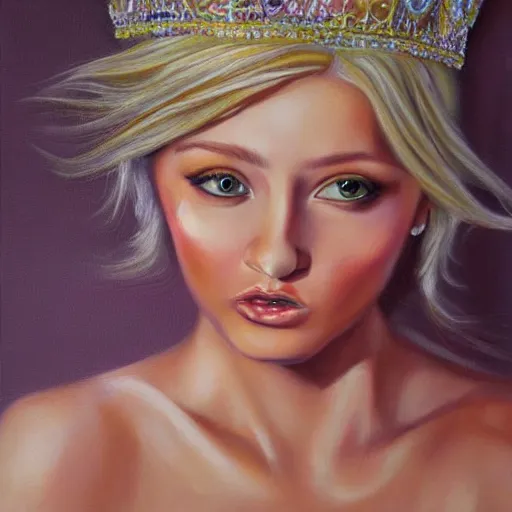 Prompt: beautiful fairy blonde queen, hyperrealism oil painting