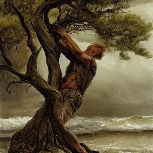 Image similar to The drawing shows a man caught in a storm, buffeted by wind and rain. He clings to a tree for support, but the tree is bent nearly double by the force of the storm. The man's clothing is soaked through and his hair is plastered to his head. His face is contorted with fear and effort. by William Trost Richards natural