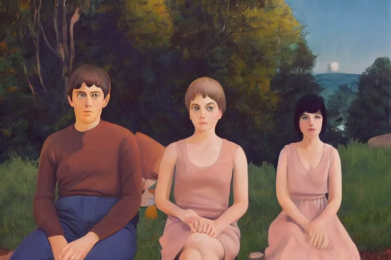 Image similar to beautiful painting of friends, beautiful faces, sitting on the edge, cute, soft light, digital painting by diane arbus and ralph mcquarrie and harry bertoia and carle eric