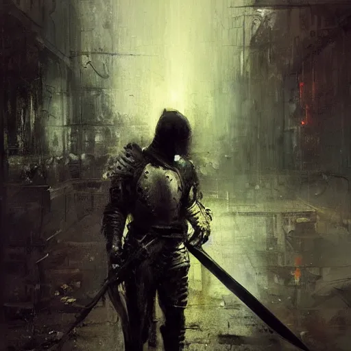 Prompt: knight holds sword made of lightning enemies everywhere, realistic, ultrahd, jeremy mann painting