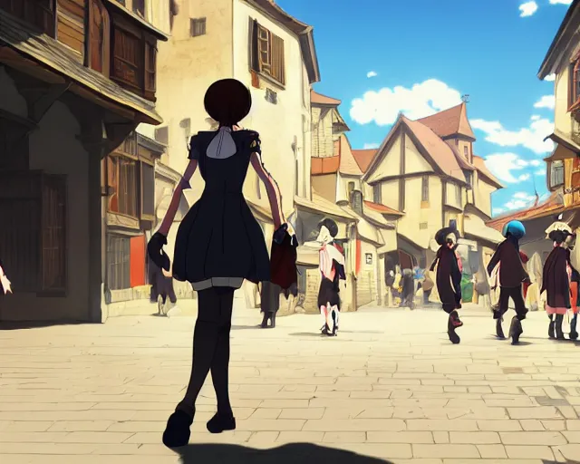 Image similar to anime still frame portrait of a young female walking through a busy medieval village, dynamic pose, dynamic perspective, detailed silhouette, cel shaded anime, ilya kuvshinov face style