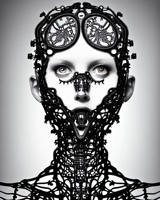 Image similar to surreal black and white photo portrait of complex biomechanical young female cyborg with a mandelbrot fractal metal fine lace face, silver hair, 150 mm lens, soft rim light, fine metal floral foliage super big lace collar, Alexander McQueen, high fashion, haute couture, rococo, steampunk, silver filigree details, anatomical, facial muscles, cable wires, microchip, elegant, hyper realistic, octane render, unreal engine, by Man Ray and Dora Maar, volumetric lighting, 8k,