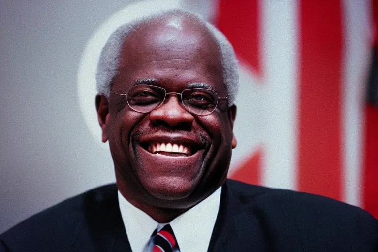 Prompt: Clarence Thomas smiling as he watches the world burn, cinematic, 8k