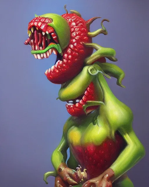 Prompt: a fruit figurine monster, surrealist oil painting, very detailed, 8 k, artstation, cgsociety