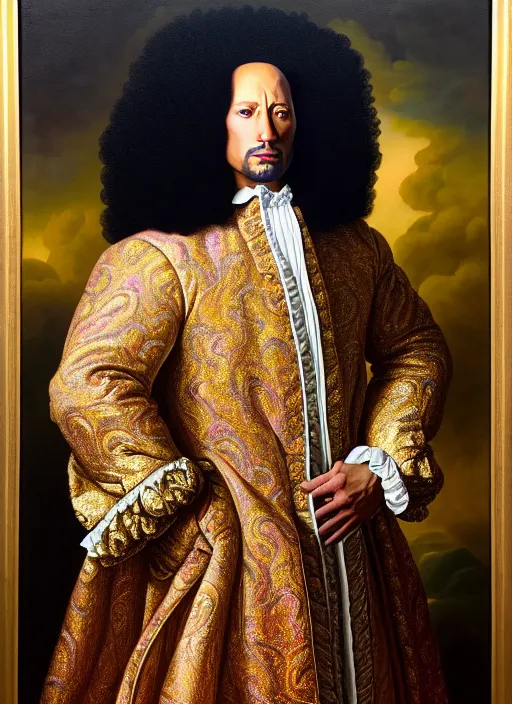 Image similar to beautiful oil painting, full length portrait of dwayne Johnson as Louis xiv in baroque coronation robes 1701, Dan Mumford , Dan Mumford, hyacinthe rigaurd , Alex grey, highly detailed , lsd visuals, dmt fractal patterns, visionary art, psychedelic art, ornate, vaporwave, baroque, Greg rutkowski