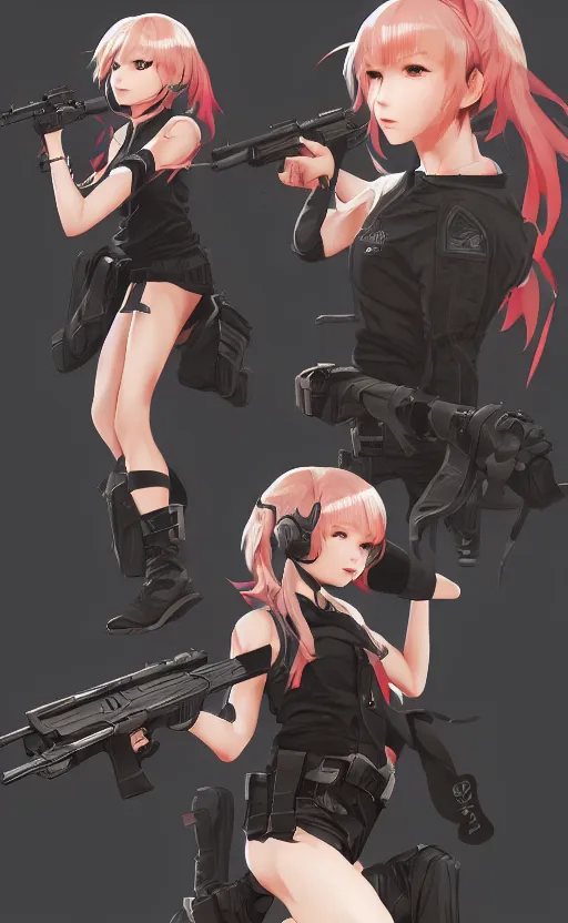 Image similar to highly detailed, high resolution, character design art, stunning, volumetric lightning, realistic guns, girls frontline style, matte, sharp focus, 150mm, illustration, artstation, by kuvshinov ilya, professional result, realistic anatomy, simple design