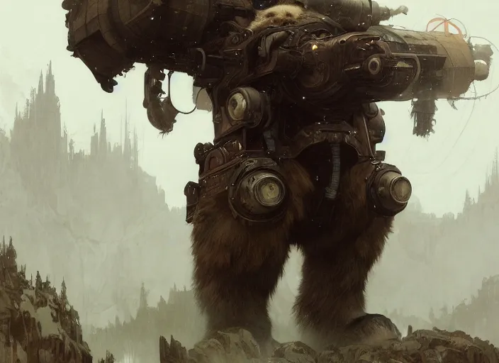 Image similar to a giant bear with a giant cannon in his back, exoskeleton, technology, elegant,, highly detailed, digital painting, artstation, concept art, smooth, sharp focus, illustration, art by krenz cushart and artem demura and alphonse mucha