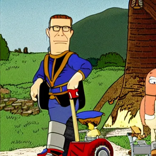 Image similar to Hank Hill as Ulrich von Liechtenstein in A Knight’s Tale, riding a lawn mower, on the moon, film still, anamorphic