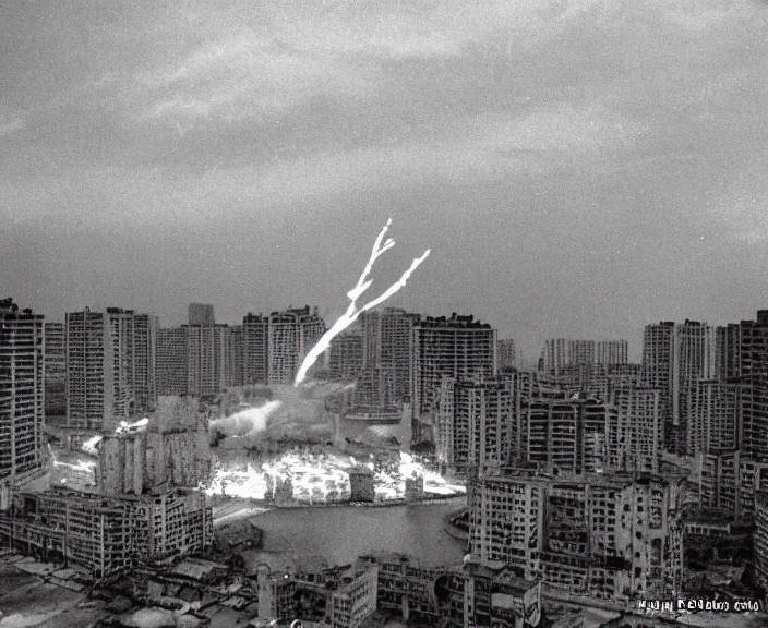 Image similar to Pulgasari the North Korean starfish monster destroying Pyongyang city, volumetric lighting, filmstill, produced by Kim Jong-il, Kodachrome, kaiju-eiga, monster movie, communist propaganda, film noir, 35mm film grain, Cooke Varotal 20-100mm T3.1, in the style of Ishirō Honda and Stanley Kubrick