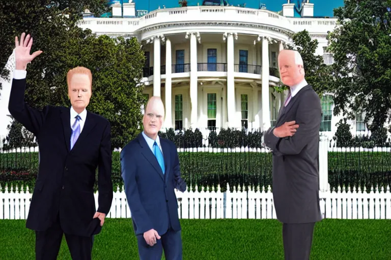 Prompt: Beavis and Butthead in front of the white house, as becoming the new presidents of the USA, press photo, HDR,