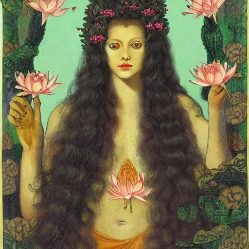 Prompt: detailed, portrait of medusa, surrounded by lotus flowers and geometry