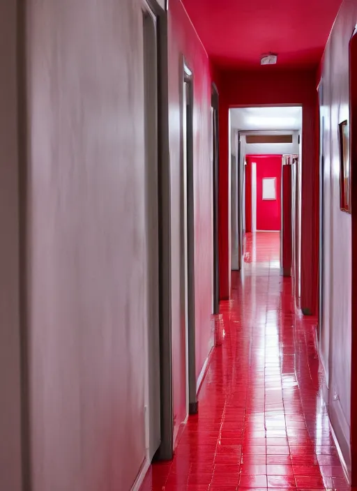 Image similar to a photograph of a hallway designed by Billy Baldwin, red color palette, 35mm, pentax, studio lighting