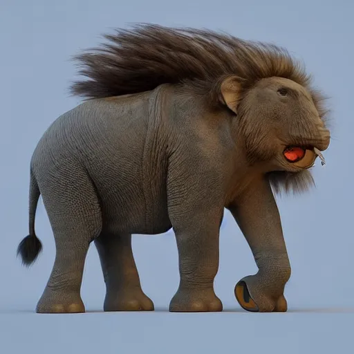 Image similar to a new creature that looks like a combination between an elephant and a lion, has a trunk and big ears yet also fur and a beautiful mane, very furry , concept art, trending on artstation 3D.