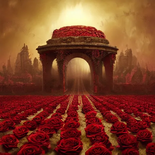 Prompt: ominous red cumulonimbus roses in a skeleton farm, red sun, in style of Doom, insanely detailed and intricate, golden ratio, elegant, ornate, unfathomable horror, elite, ominous, haunting, matte painting, cinematic, cgsociety, Andreas Marschall, James jean, Noah Bradley, Darius Zawadzki, vivid and vibrant