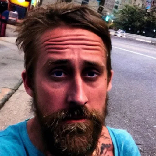 Image similar to this homeless man looks like ryan gosling if he was poor asf, accidentally taking a selfie, front camera, camera flash is so bright in his face, viral, selfie, viral on twitter, viral on instagram, viral photo