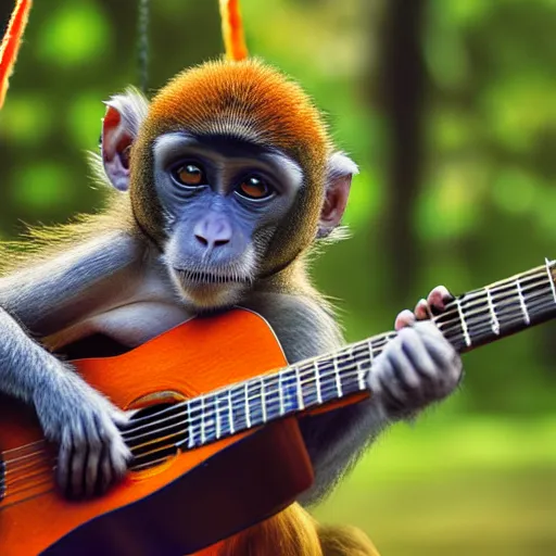 Prompt: a monkey playing the guitar while in a hammock, photorealistic, 4 k