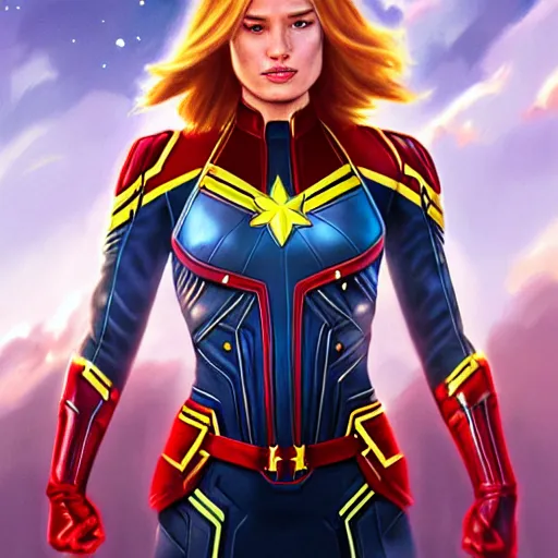 Image similar to ultra realistic illustration, bella thorne as captain marvel, intricate, elegant, highly detailed, digital painting, artstation, concept art, smooth, sharp focus, illustration, art by artgerm and greg rutkowski and alphonse mucha