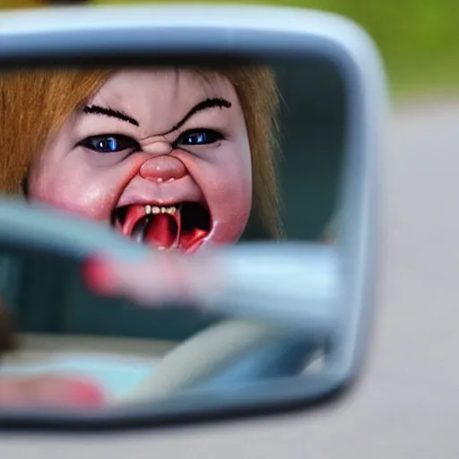 Image similar to a tiny screaming chucky doll chasing you in rear view mirror