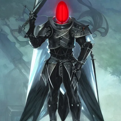 Image similar to Knight with black greatsword and black plate armour, one-eyed, emitting evil red aura, armor merging with body, full body shot, anime style, 90's modern art, art by artgerm and greg rutkowski and alphonse mucha