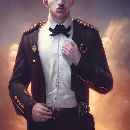 Image similar to portrait painting of a vampire police officer with pale skin short blond hair and a patchy beard, ultra realistic, concept art, intricate details, eerie, highly detailed, photorealistic, octane render, 8 k, unreal engine. art by artgerm and greg rutkowski