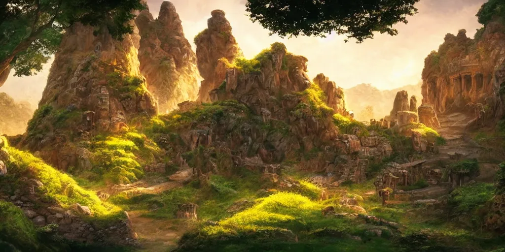 Image similar to sandstone castle, lush and beautiful concept art for the shire, floating rocks in the air, stone city, arabian nights, sand, golden sun, planets, lord of the rings, peter jackson, studio ghibli, detailed, realistic lighting, volumetric lighting, golden hour,