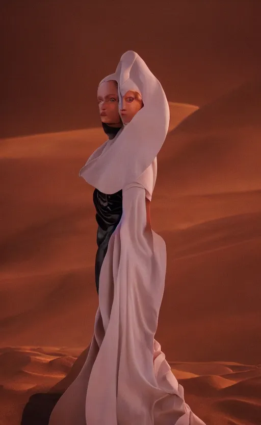 Image similar to Fashion photography of a woman wearing an outfit inspired by Dune (2021), artistic photography, cinematic lighting, insanely detailed, cinestill 800t, Vogue magazine