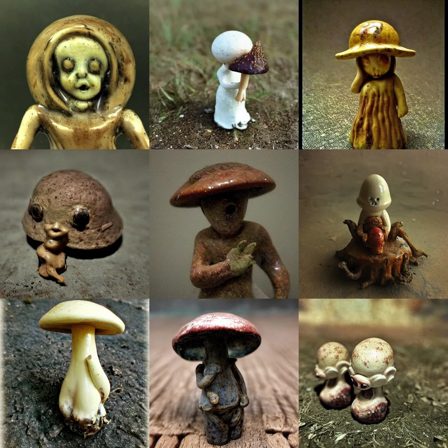 Prompt: wailing antique! mushroom!!! ceramic figurine, haunted cursed image, eerie horror, unsettling disturbing creepy macro photo, bad quality