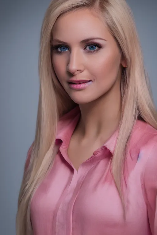 Prompt: 2 8 year old professional blonde female model wearing pink blouse, portrait, neck zoomed in, photo realistic, slr, studio lighting, golden hour, 4 k, high definition