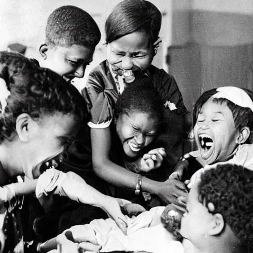 Image similar to A group of children laughing while performing open heart surgery, photograph