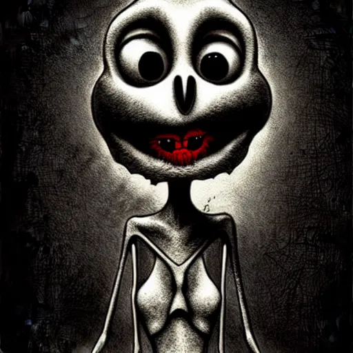 Image similar to grunge cartoon drawing of elmo by - michael karcz , in the style of corpse bride, loony toons style, horror themed, detailed, elegant, intricate