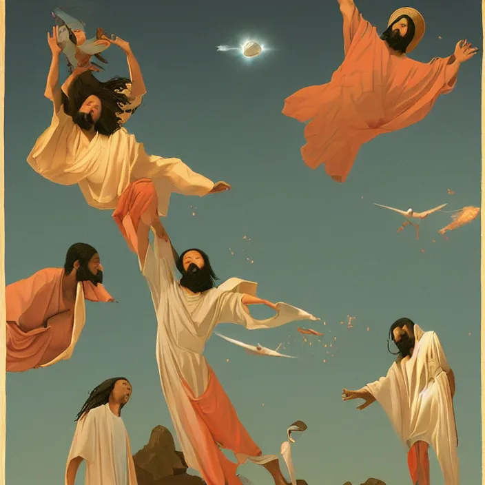 Image similar to three UFOs hovering over an African Jesus, painting by Hsiao-Ron Cheng, colorful,