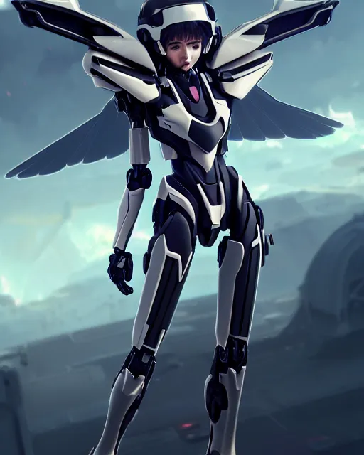 Image similar to uncropped stealthy Feminine mecha (with futuristic jet armor and wings) with a heart visor helmet, symphogear, full body character portrait, hi-tech, trending on Artstation, black armor, digital painting, concept art, sharp focus, illustration, art by WLOP and Greg Rutkowski