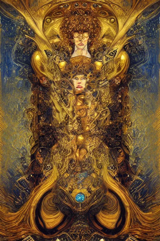 Prompt: Divine Chaos Engine by Karol Bak, Jean Deville, Gustav Klimt, and Vincent Van Gogh, visionary fractal structures, ornate gilded medieval icon, spirals