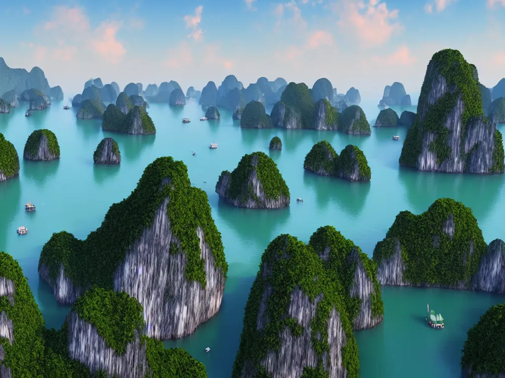 Image similar to majestic Halong Bay, hdr, ue5, unreal engine 5, cinematic 4k wallpaper, ultra detailed, high resolution, artstation, award winning.