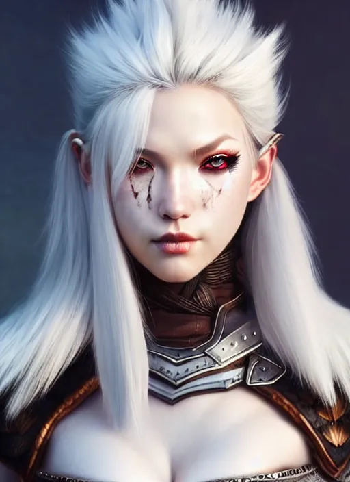 Image similar to barbarian, fur leather armor!!! beautiful and elegant white hair female!! gorgeous ayes!! character concept art, sharp focus, octane render! unreal engine 5! highly rendered!! trending on artstation!! detailed linework!! illustration by artgerm, wlop, and chie yoshii