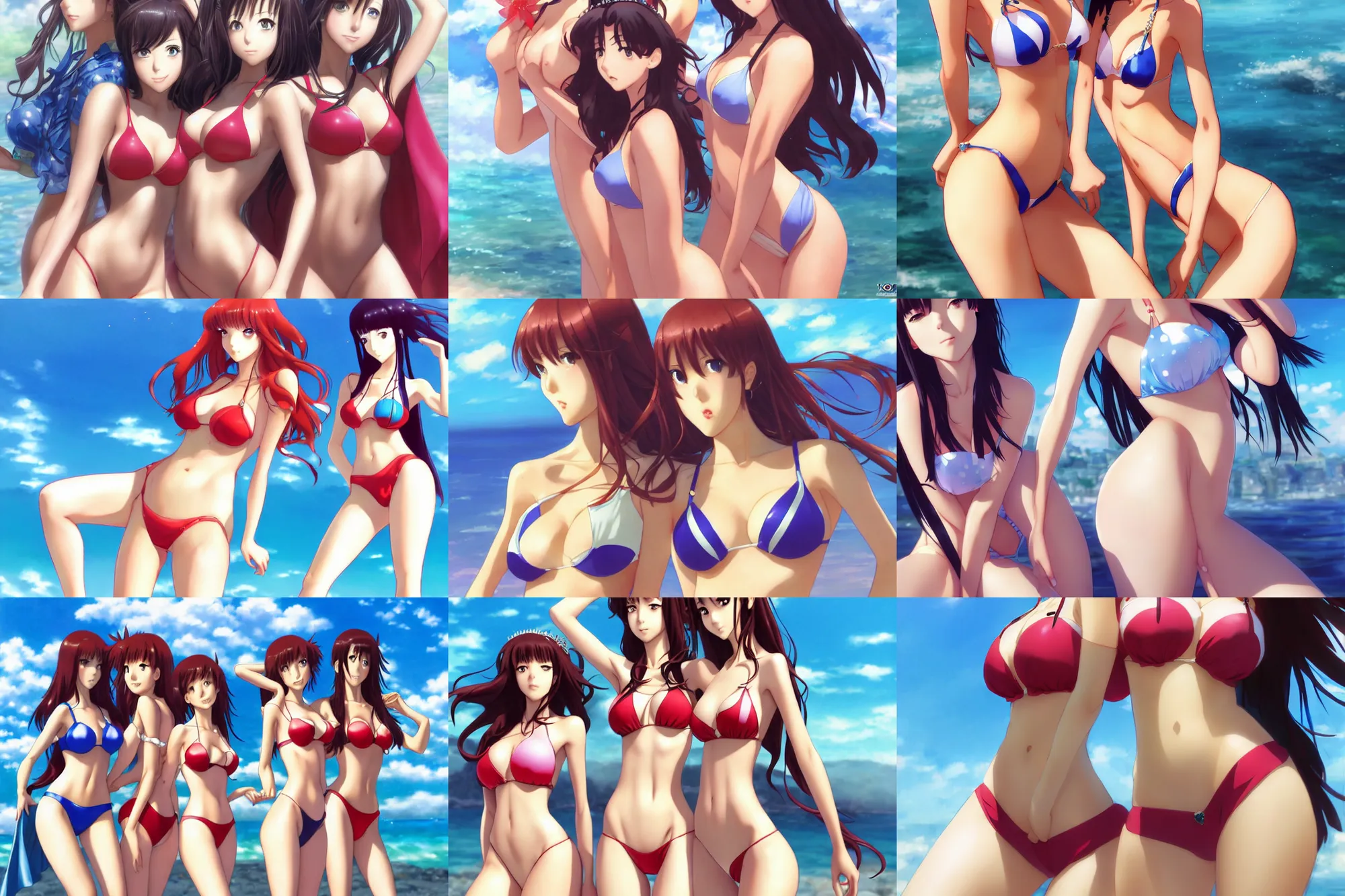 Image similar to close - up princesses posing together in bikini. by takashi takeuchi, yoshiyuki sadamoto, amagaitaro, makoto shinkai, krenz cushart, asao urata, pixiv