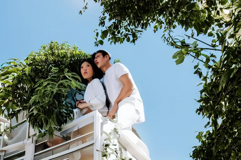 Prompt: a cinematic wideangle photograph of a man and woman wearing white clothing stood on a balcony, green plants, blue sky, beautiful lighting, ultra realistic, movie still