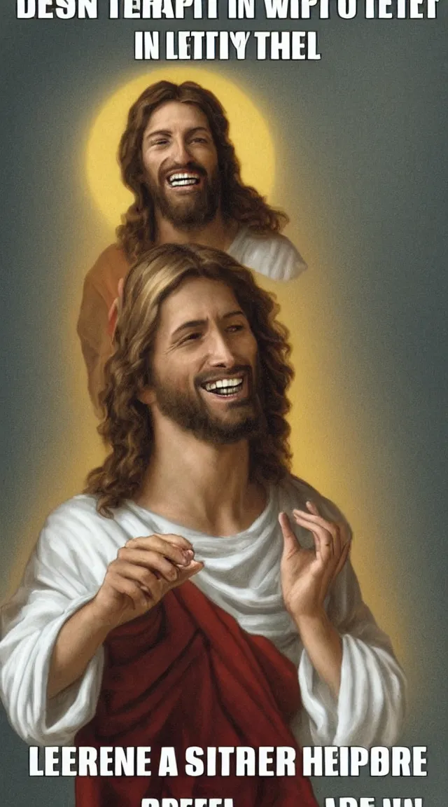 Image similar to portrait of one Jesus laughin because see a meme in him cellphone, no letters, one person