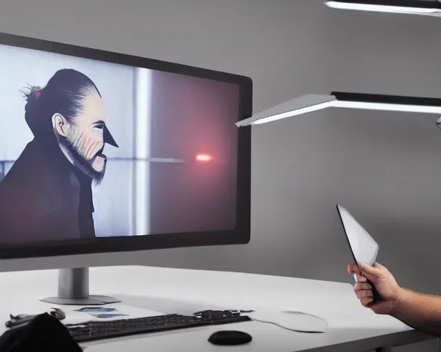 Prompt: man wearing guy fawkes mask looking at computer monitor, corporate photo, cinematic lighting