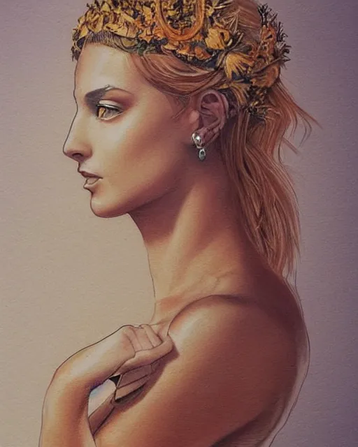 Prompt: realism tattoo sketch of a beautiful blonde woman as a beautiful greek goddess aphrodite with piercing eyes wearing a laurel wreath and triangle earrings, in the style of greg rutkowski, amazing detail