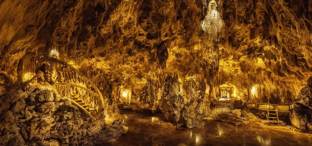 Prompt: a stunning, golden fantasy castle embedded in a huge underground cave, fabulous, ultrarealistic