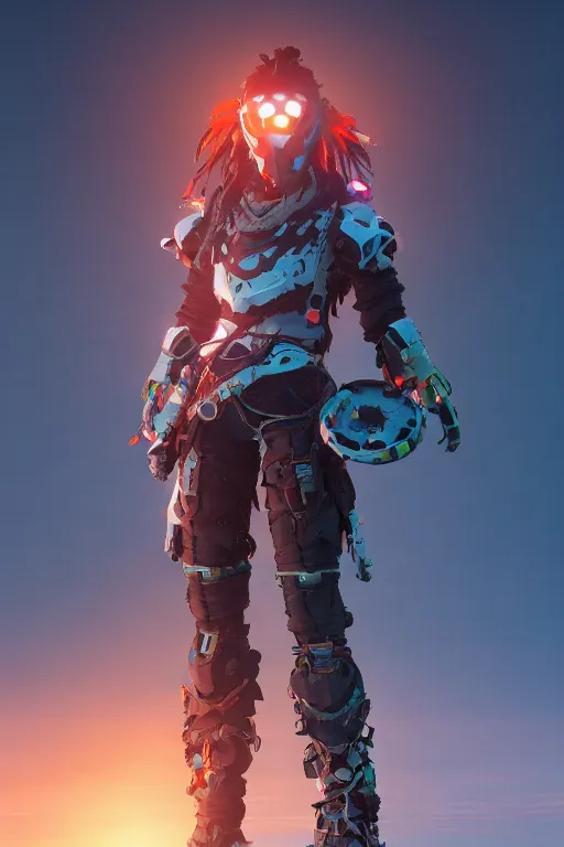 Image similar to combination suit armor aloy horizon forbidden west horizon zero dawn robot ninja mask helmet backpack tribal, aesthetic octane render, 8 k hd resolution, by ilya kuvshinov and cushart krentz and gilleard james radiating a glowing aura cgi rtx 2 0 2 2