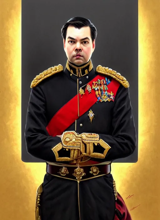 Image similar to portrait of supreme leader rich evans, royalty, extravagant, lord, full body, military uniform, fantasy, intricate, elegant, beautiful, highly detailed, charcoal, centered, dark, smokey, digital painting, artstation, concept art, art by artgerm and greg rutkowski and alphonse mucha