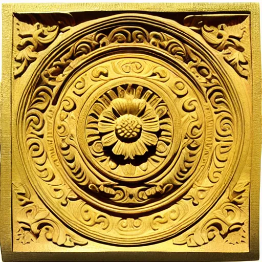 Prompt: ornate carving of a high - relief rose in a flat circular inset on a square gold panel