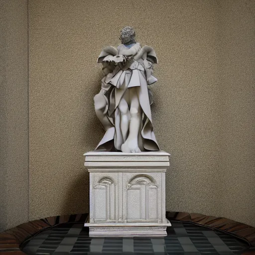 Prompt: baroque vaporwave statue, high detail, rendered in unreal engine, 3d render, god rays, volumetric lighting, award winning, vegetation,