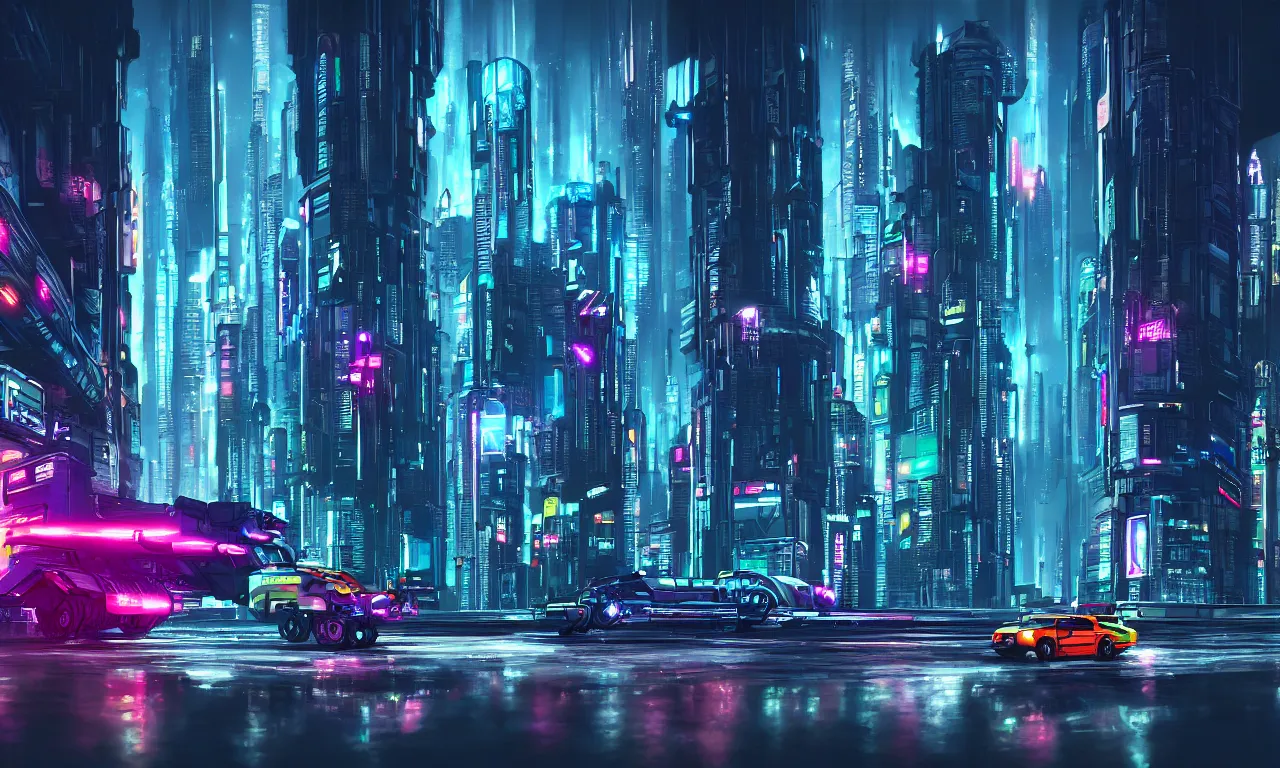 Prompt: cyberpunk night city with flying robot and cybertruck with mutant, digital art, reflections, heavy rain, beautiful concept art, high detail